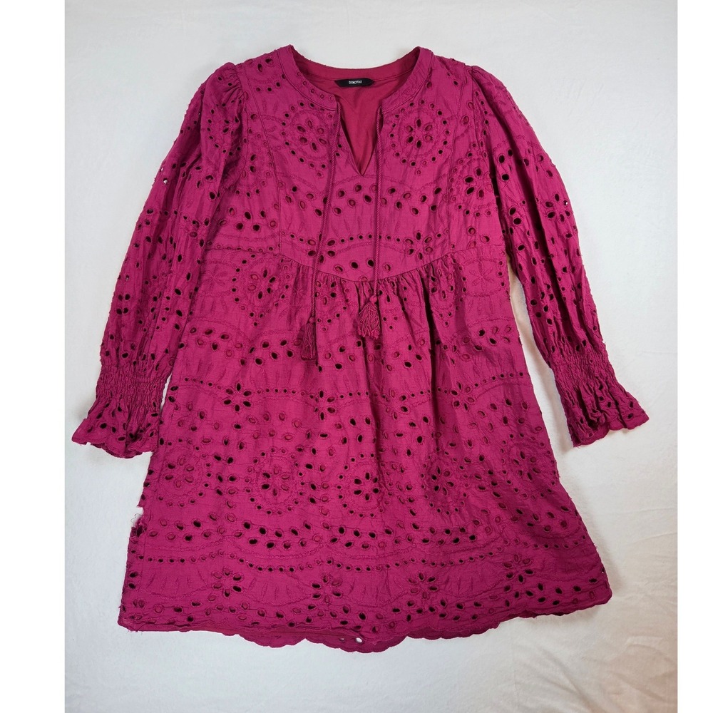 Dokotoo Cranberry Red Cotton Eyelet lace peasant Midi Dress Long Sleeve Sz L